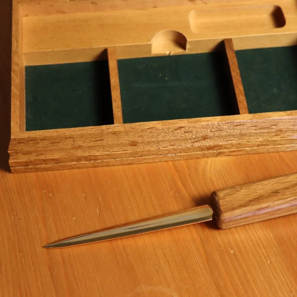 Wooden box for desk with letter opener, small carved fish on top, lid opens,
